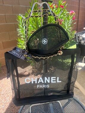 CHANEL Black Mesh Tote with Gold Chain Handles and mesh cosmetic bag